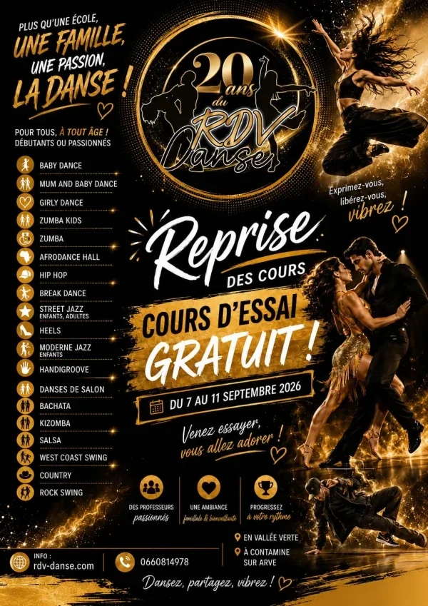 Reprise des cours RDV Danse — cours d'essai gratuit du 7 au 11 septembre 2026 — 20 ans du RDV Danse